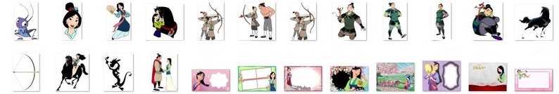 May include: A set of printable digital images featuring Mulan characters, including Mulan, Mushu, Khan, and Shang. The images are in a cartoon style and are perfect for crafting projects, scrapbooking, or party decorations.