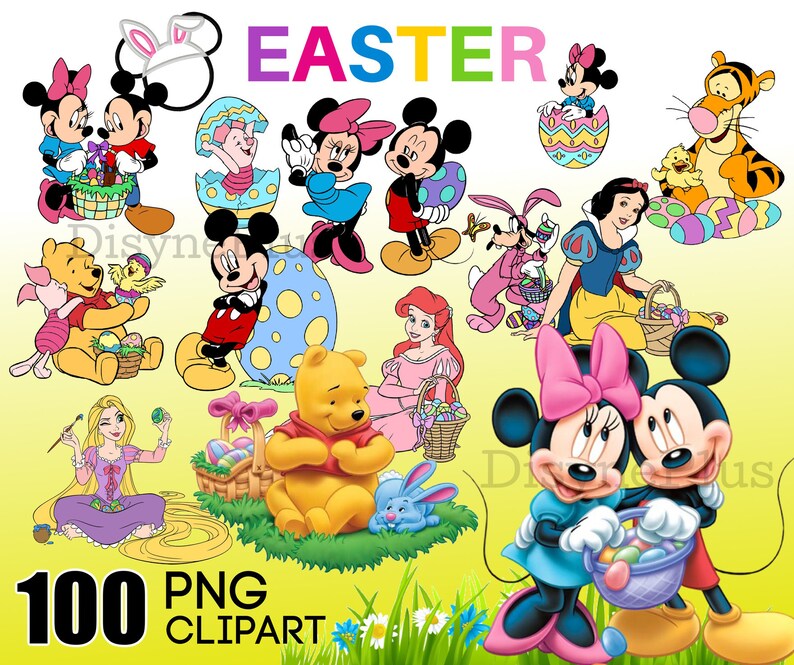 Mickey Easter Clipart, Kids Easter PNG, Winnie Pooh Easter clip art, Easter Bunny png, Spring Break Vacation PNG, Springtime png afdrukbaar afbeelding 1