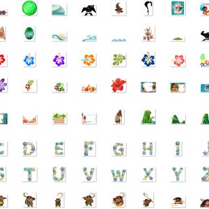 May include: A set of digital scrapbook stickers featuring a variety of Hawaiian-themed images, including flowers, leaves, animals, and text. The stickers are in a variety of colors, including pink, blue, green, and yellow.