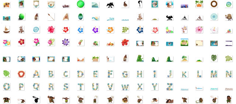 May include: A set of digital scrapbook stickers featuring a variety of Hawaiian-themed images, including flowers, leaves, animals, and text. The stickers are in a variety of colors, including pink, blue, green, and yellow.