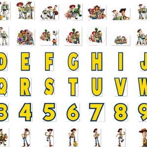 May include: A set of alphabet letters and numbers with a yellow background and black outline. The letters and numbers are surrounded by images of the Toy Story characters, including Woody, Buzz Lightyear, and Jessie.