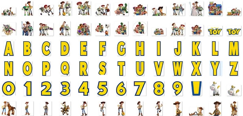 May include: A set of alphabet letters and numbers with a yellow background and black outline. The letters and numbers are surrounded by images of the Toy Story characters, including Woody, Buzz Lightyear, and Jessie.