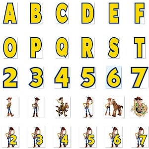 May include: A set of yellow alphabet letters and numbers with blue outlines. The letters and numbers are arranged in rows. The letters are A through Z and the numbers are 0 through 9. There are also images of characters from the Toy Story movie franchise.