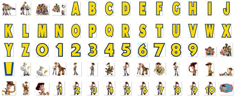 May include: A set of yellow alphabet letters and numbers with blue outlines. The letters and numbers are arranged in rows. The letters are A through Z and the numbers are 0 through 9. There are also images of characters from the Toy Story movie franchise.