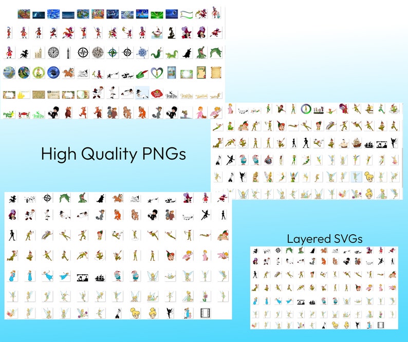 May include: A collection of high-quality PNG and layered SVG images featuring Peter Pan and Tinkerbell. The images depict various poses and expressions of the characters, including flying, fighting, and smiling. The images are perfect for use in digital projects, such as websites, social media, and presentations.