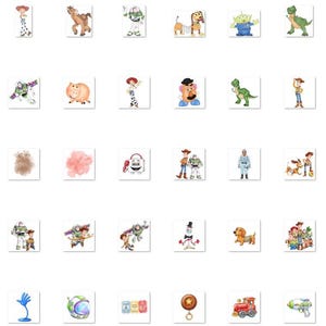 May include: A collection of small, square stickers featuring various colorful illustrations of characters and objects from the Toy Story franchise, including Woody, Buzz Lightyear, Rex, Slinky Dog, and other iconic figures arranged in a grid pattern.