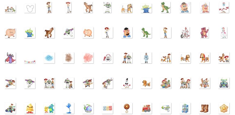 May include: A collection of small, square stickers featuring various colorful illustrations of characters and objects from the Toy Story franchise, including Woody, Buzz Lightyear, Rex, Slinky Dog, and other iconic figures arranged in a grid pattern.