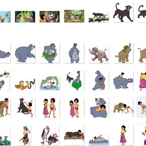 Puede incluir: Una colecci&oacute;n de im&aacute;genes de dibujos animados con personajes de El libro de la selva. Las im&aacute;genes incluyen a Mowgli, Baloo, Bagheera, Kaa, Shere Khan, King Louie y otros animales de la historia. Las im&aacute;genes est&aacute;n en una variedad de poses y expresiones.