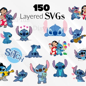 May include: A set of 150 layered SVG files featuring Stitch, the blue alien character from Lilo & Stitch. The images include Stitch in various poses, including playing a ukulele, holding ice cream, and wearing sunglasses. The text "150 Layered SVGs" is also included in the image.