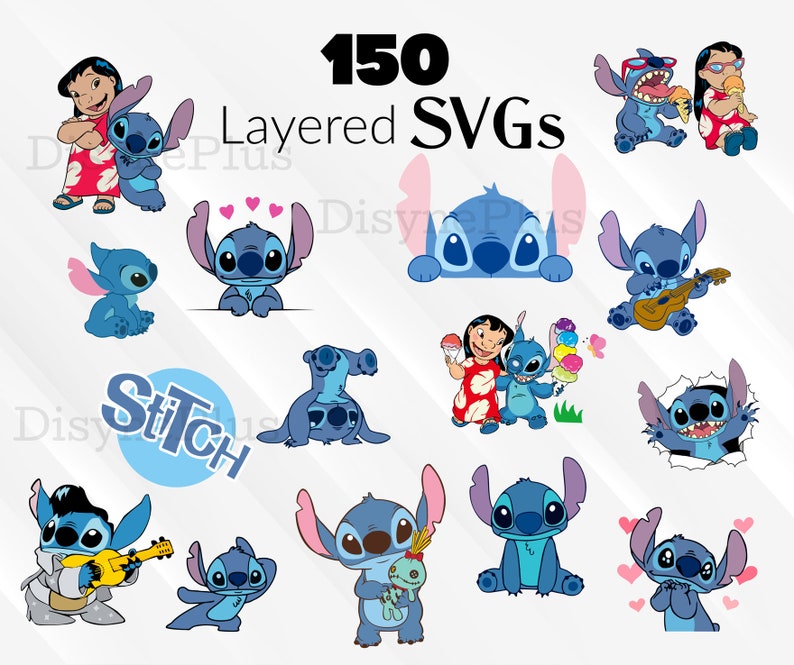 May include: A set of 150 layered SVG files featuring Stitch, the blue alien character from Lilo & Stitch. The images include Stitch in various poses, including playing a ukulele, holding ice cream, and wearing sunglasses. The text "150 Layered SVGs" is also included in the image.