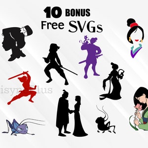 May include: A set of 10 free SVG files featuring characters from the Disney movie Mulan. The characters include Mulan, Shang, Mushu, and the Emperor. The text "10 Bonus Free SVGs" is displayed at the top of the image.