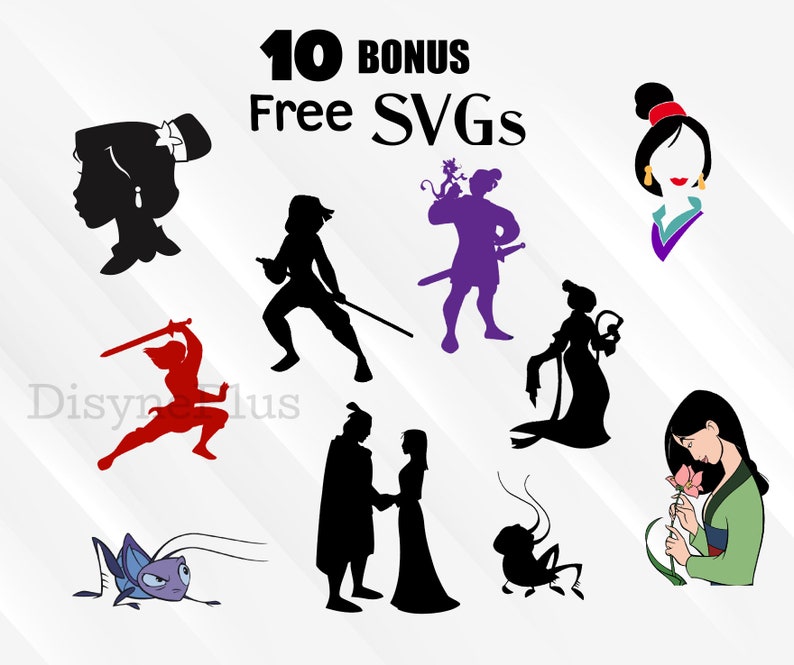 May include: A set of 10 free SVG files featuring characters from the Disney movie Mulan. The characters include Mulan, Shang, Mushu, and the Emperor. The text "10 Bonus Free SVGs" is displayed at the top of the image.