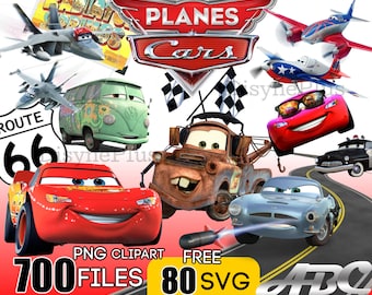 Coches PNG, Imágenes Prediseñadas de coches, Coches SVG, Paquete de cumpleaños de aviones y coches, Descarga instantánea, Descarga instantánea Lightning Mcqueen Mater, Carta cromada