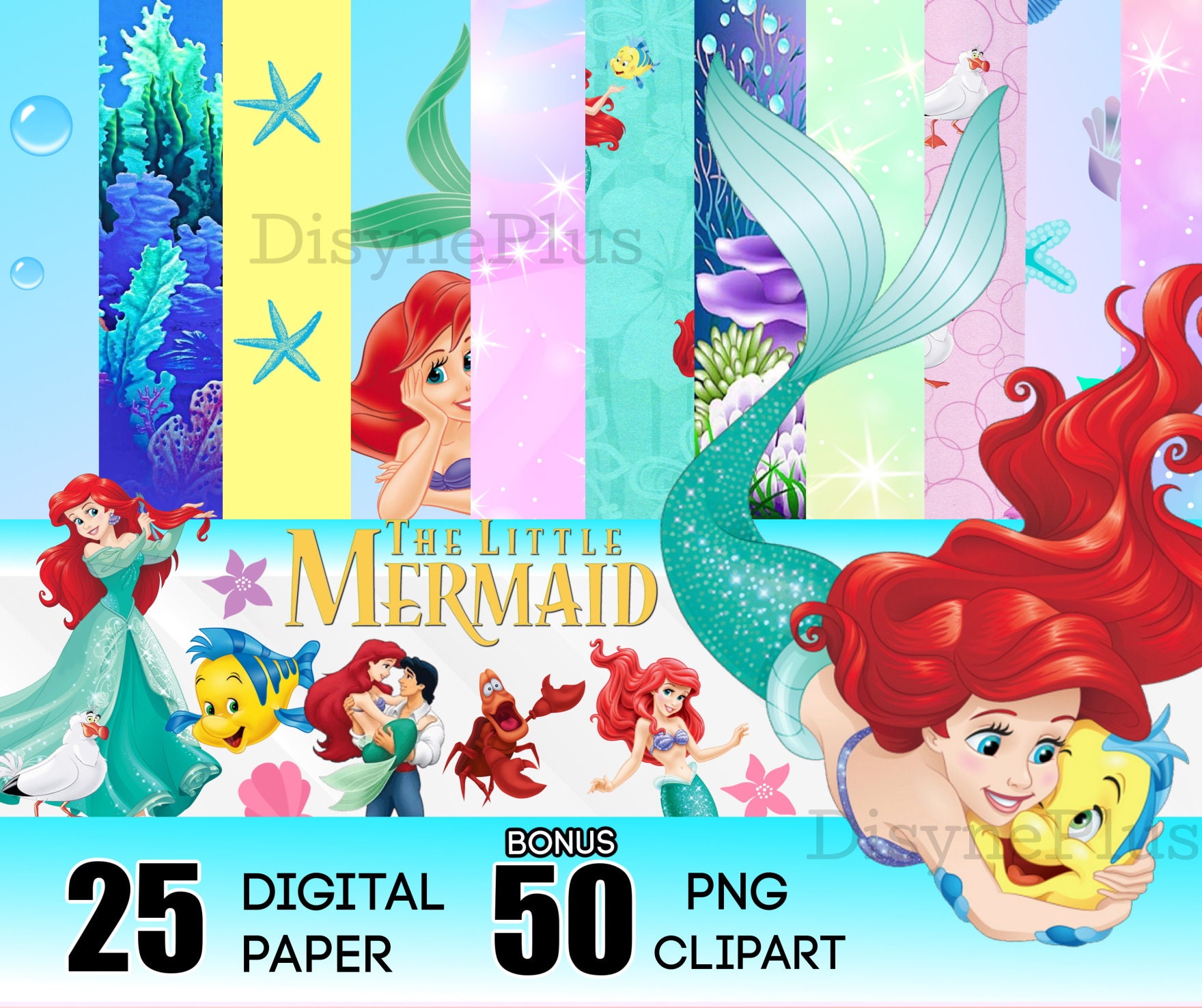 Little Mermaid Digital Paper Ariel PNG Clipart Instant Etsy