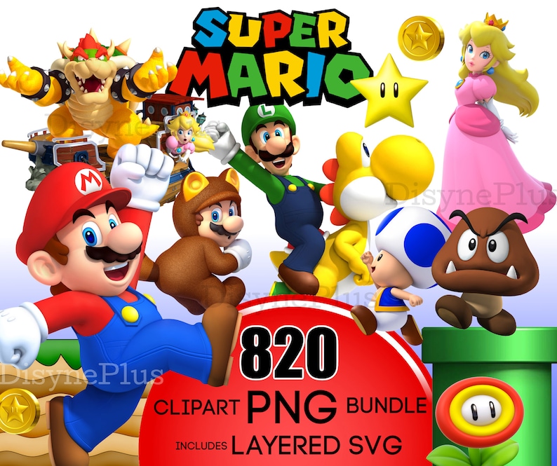 Op de afbeelding: Een digitale clipartbundel met 820 Super Mario-personages, waaronder Mario, Luigi, Peach, Bowser, Toad en Yoshi. De personages zijn in verschillende poses en uitdrukkingen, en de bundel bevat zowel PNG- als gelaagde SVG-bestanden.