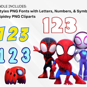 May include: Digital bundle including 3 styles of PNG fonts with numbers and symbols, and 17 Spidey PNG cliparts. The image shows the numbers 123 in different styles, and cartoon figures of Spider-Man characters.