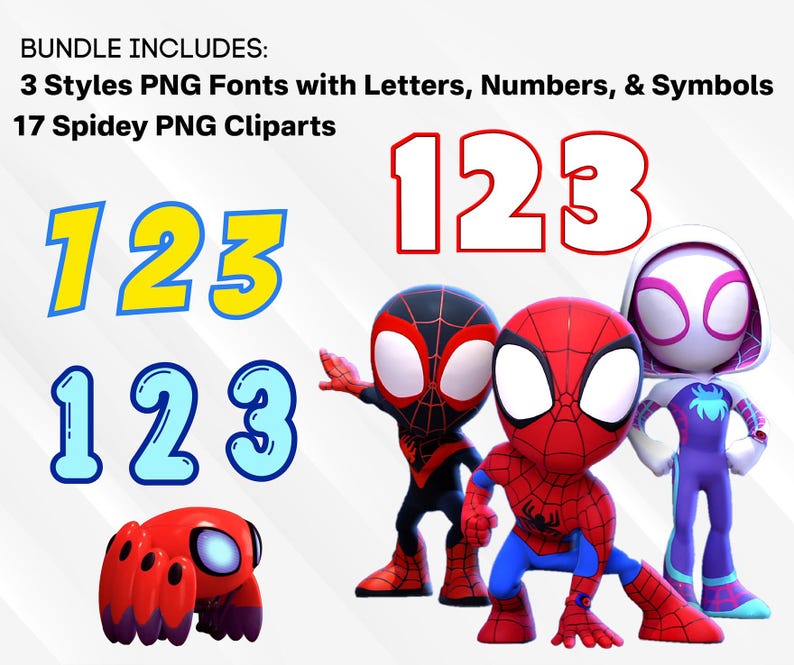 May include: Digital bundle including 3 styles of PNG fonts with numbers and symbols, and 17 Spidey PNG cliparts. The image shows the numbers 123 in different styles, and cartoon figures of Spider-Man characters.