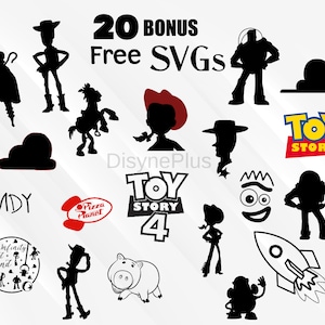 Pu&ograve; includere: Una raccolta di immagini di silhouette nere di personaggi e loghi del franchise di Toy Story. Include Woody, Buzz Lightyear, Jessie e il logo di Toy Story. Il testo include "20 BONUS Free SVGs", "Andy", "Pizza Planet" e "To infinity and beyond".