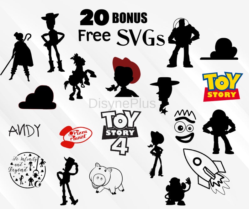 Pu&ograve; includere: Una raccolta di immagini di silhouette nere di personaggi e loghi del franchise di Toy Story. Include Woody, Buzz Lightyear, Jessie e il logo di Toy Story. Il testo include "20 BONUS Free SVGs", "Andy", "Pizza Planet" e "To infinity and beyond".