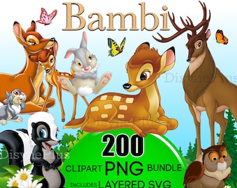 May include: A digital clipart bundle featuring 200 images of Bambi and his friends from the Disney movie. The images include characters like Bambi, Thumper, Flower, and the Great Prince of the Forest. The bundle includes PNG and layered SVG files.