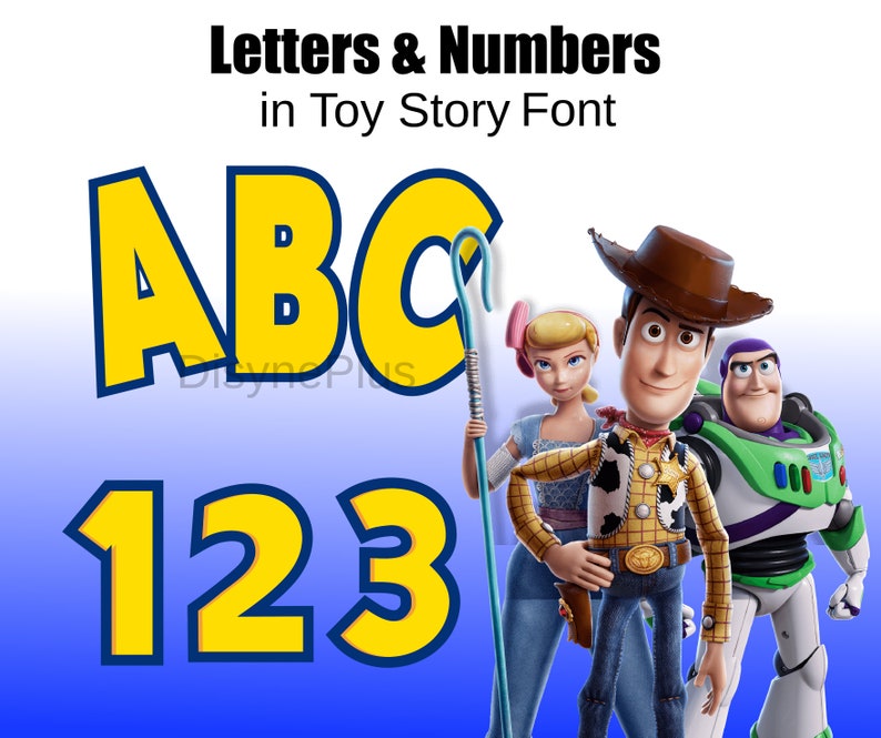 Pu&ograve; includere: Immagine con il testo "Letters & Numbers in Toy Story Font" sopra le lettere ABC e i numeri 123 in giallo con un contorno blu. L'immagine include anche i personaggi di Toy Story Woody, Buzz Lightyear e Bo Peep.