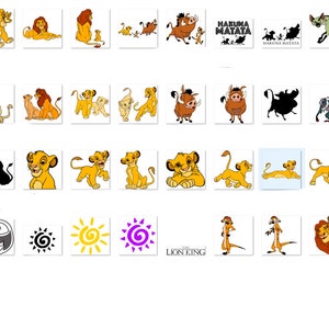 May include: A collection of images featuring characters and logos from the animated film The Lion King. The images include Simba, Mufasa, Nala, Scar, Pumbaa, Timon, and more. The images are in various styles, including cartoon, silhouette, and realistic.