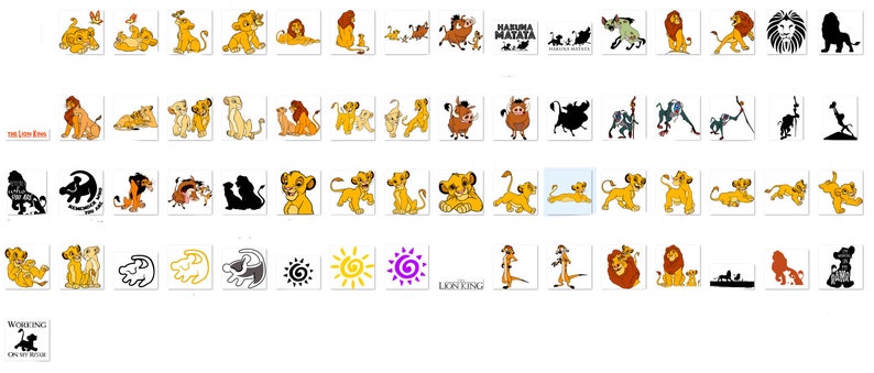 May include: A collection of images featuring characters and logos from the animated film The Lion King. The images include Simba, Mufasa, Nala, Scar, Pumbaa, Timon, and more. The images are in various styles, including cartoon, silhouette, and realistic.