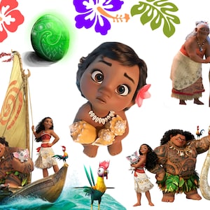 May include: A colorful illustration featuring characters from the animated movie Moana. The image includes Moana as a baby, Maui, Gramma Tala, Pua the pig, Hei Hei the rooster, and a green glowing orb.