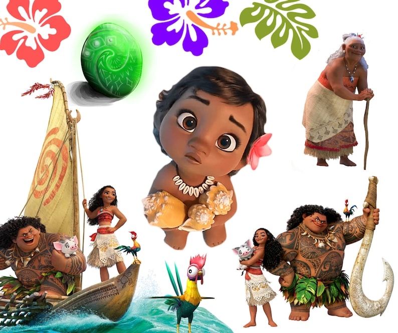 May include: A colorful illustration featuring characters from the animated movie Moana. The image includes Moana as a baby, Maui, Gramma Tala, Pua the pig, Hei Hei the rooster, and a green glowing orb.