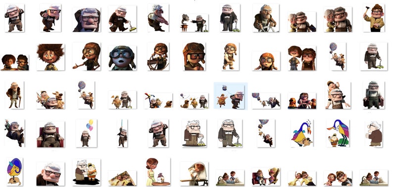 Puede incluir: Una colecci&oacute;n de im&aacute;genes de dibujos animados coloridos con un hombre mayor con cabello blanco y gafas, una mujer joven con cabello casta&ntilde;o y un perro. Las im&aacute;genes representan varias escenas de la pel&iacute;cula animada Up.
