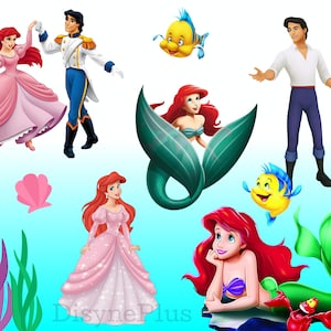Puede incluir: Ilustraciones de dibujos animados con personajes de una pel&iacute;cula animada popular. La imagen incluye una sirena pelirroja, un pr&iacute;ncipe y un pez amarillo. Otros elementos incluyen una concha rosa y algas marinas.
