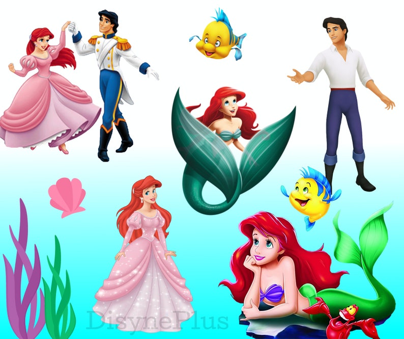 Puede incluir: Ilustraciones de dibujos animados con personajes de una pel&iacute;cula animada popular. La imagen incluye una sirena pelirroja, un pr&iacute;ncipe y un pez amarillo. Otros elementos incluyen una concha rosa y algas marinas.