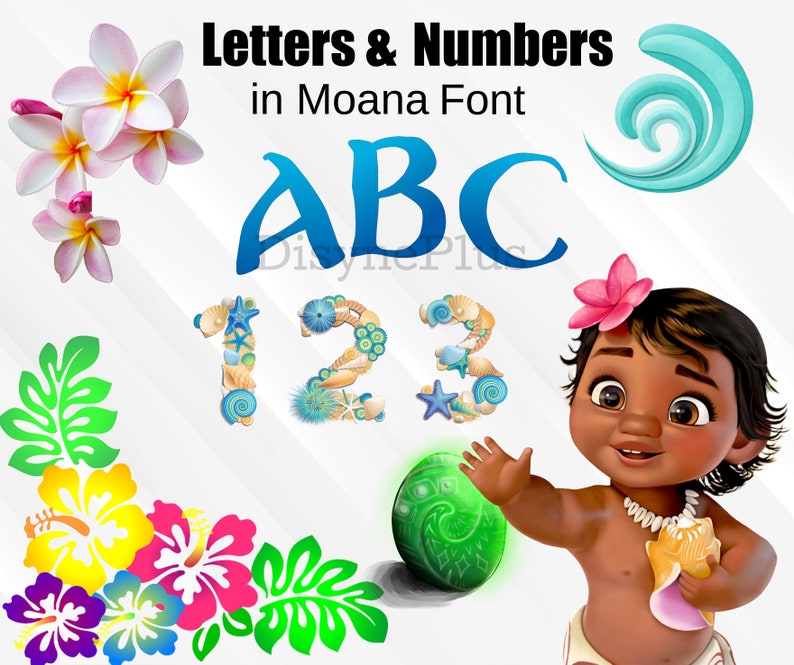 K&ouml;nnte beinhalten: Eine digitale Illustration der Buchstaben A, B und C in einer blauen Schriftart mit wei&szlig;em Umriss. Die Zahlen 1, 2 und 3 bestehen aus Muscheln und anderen Elementen zum Thema Meer. Das Bild zeigt auch eine Cartoon-Abbildung von Moana, einer Figur aus dem Disney-Film Moana, die einen gr&uuml;nen Ball h&auml;lt. Der Text "Letters & Numbers in Moana Font" befindet sich oben im Bild.