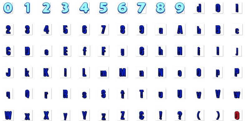Puede incluir: Un conjunto de alfabeto y n&uacute;meros azul y blanco con efecto 3D. Las letras y los n&uacute;meros est&aacute;n delineados en azul y tienen un fondo blanco.