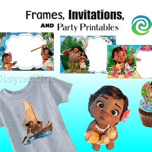 K&ouml;nnte beinhalten: Druckbare Moana-Partydekorationen, darunter Einladungen, Rahmen, ein T-Shirt-Design und ein Cupcake-Topper. Die Designs zeigen Moana als Baby, Maui und Pua das Schwein.