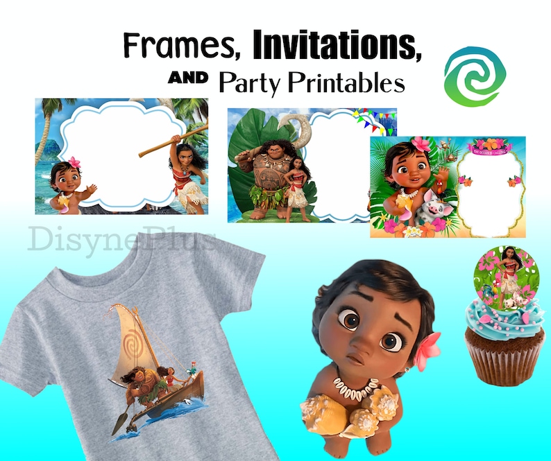 K&ouml;nnte beinhalten: Druckbare Moana-Partydekorationen, darunter Einladungen, Rahmen, ein T-Shirt-Design und ein Cupcake-Topper. Die Designs zeigen Moana als Baby, Maui und Pua das Schwein.