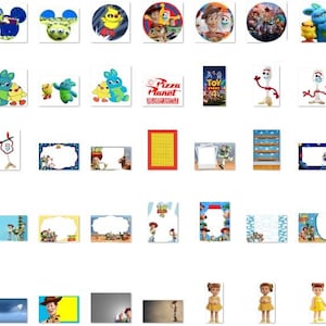 May include: A collection of printable images featuring characters from the Toy Story and Forky Asks a Question movies. The images include Forky, Woody, Buzz Lightyear, Jessie, and other characters. The images are perfect for creating party decorations, invitations, or other crafts.