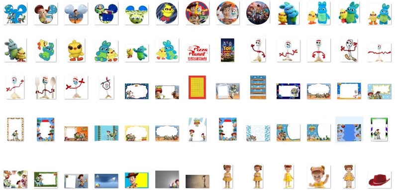 May include: A collection of printable images featuring characters from the Toy Story and Forky Asks a Question movies. The images include Forky, Woody, Buzz Lightyear, Jessie, and other characters. The images are perfect for creating party decorations, invitations, or other crafts.