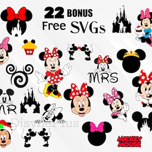 May include: A collection of 22 free SVG files featuring Mickey Mouse and Minnie Mouse characters, including a castle, cupcake, and the words "Mr." and "Mrs."