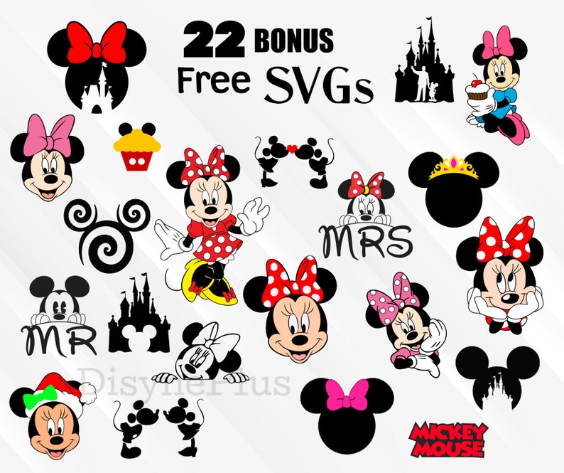 May include: A collection of 22 free SVG files featuring Mickey Mouse and Minnie Mouse characters, including a castle, cupcake, and the words "Mr." and "Mrs."