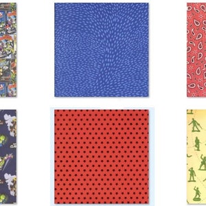 May include: Six different patterned wrapping paper designs featuring a variety of themes, including comic book characters, stars, paisley, and army men. The papers are all square and have a white background.