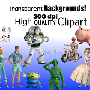 Pu&ograve; includere: Immagine clipart con vari personaggi di Toy Story, tra cui Buzz Lightyear, Barbie e Ken. L'immagine include il testo: "Transparent Backgrounds! 300 dpi High QUALITY Clipart."