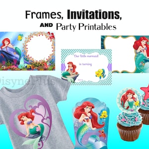 Puede incluir: Una colecci&oacute;n de imprimibles para fiestas con tem&aacute;tica de sirenas. Incluye invitaciones, marcos y adornos para cupcakes. Tambi&eacute;n se muestra una camiseta gris con un gr&aacute;fico de sirena. El texto "Frames, Invitations, AND Party Printables" est&aacute; en la parte superior.