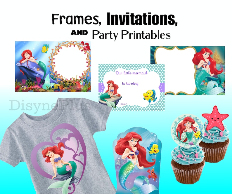 Puede incluir: Una colecci&oacute;n de imprimibles para fiestas con tem&aacute;tica de sirenas. Incluye invitaciones, marcos y adornos para cupcakes. Tambi&eacute;n se muestra una camiseta gris con un gr&aacute;fico de sirena. El texto "Frames, Invitations, AND Party Printables" est&aacute; en la parte superior.