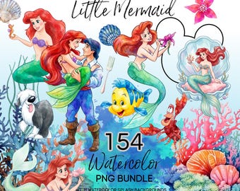 Little Mermaid Watercolor Clipart, Hand Painted Ariel PNG, Mermaid Princess Watercolor PNG
