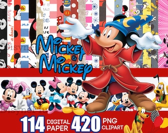 May include: A digital paper pack featuring 114 Mickey Mouse themed designs. The pack includes a variety of patterns, including polka dots, stripes, and Mickey Mouse characters. The pack also includes 420 PNG clipart images.