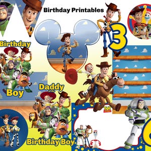 May include: A set of printable party decorations featuring characters from the Toy Story movie franchise. The decorations include a banner, a Mickey Mouse head cutout, a round sticker, and several other images. The decorations are all in bright colors and feature the characters Woody, Buzz Lightyear, and Jessie.