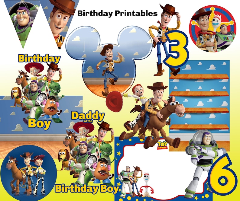 May include: A set of printable party decorations featuring characters from the Toy Story movie franchise. The decorations include a banner, a Mickey Mouse head cutout, a round sticker, and several other images. The decorations are all in bright colors and feature the characters Woody, Buzz Lightyear, and Jessie.