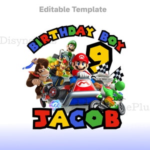 編集可能なマリオカート PNG、マリオブラザーズ バースデー テンプレート、マリオカート ルイージ クッパ クリップアート、マリオ PNG、マリオカート ケーキ トッパー バースデー シャツ