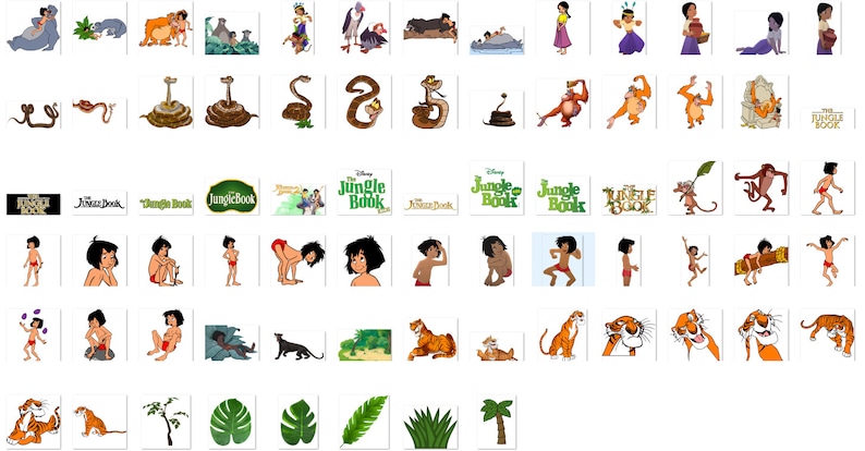 Puede incluir: Una colecci&oacute;n de im&aacute;genes de dibujos animados coloridos de la pel&iacute;cula de Disney El Libro de la Selva. Las im&aacute;genes incluyen a Mowgli, Baloo, Shere Khan, Kaa, King Louie, Bagheera y otros personajes de la pel&iacute;cula. Las im&aacute;genes son perfectas para usar en manualidades, scrapbooking u otros proyectos creativos.